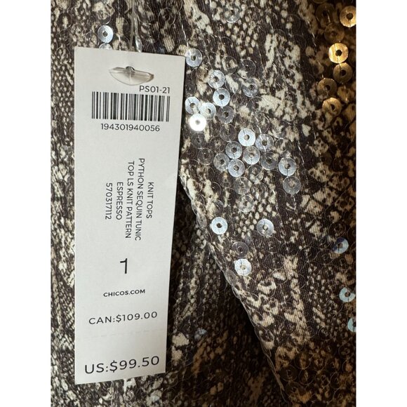 Chicos Python Sequin Knit Top Size 1 Espresso Tan Polyester Spandex - Picture 4 of 4